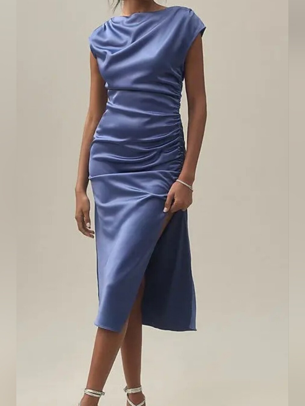 BHLDN Francesca High-Neck Stretch Satin Midi Dress Size Small In Twilight Blue